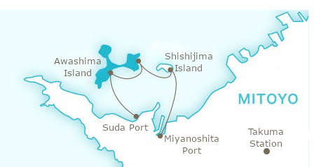 map showing Shishijima Island, Awashima Island, and the portion of Kagawa prefecture that is closest to them with relevant ports marked.