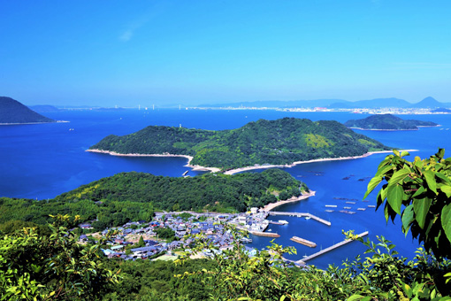 The view from the top of Mt. Jonoyama facing East. Islands, Shikoku, and the Seto Ohashi Bridge are all visible in the distance.