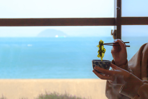 The forearms of someone seated before a window with a view of the sea. They are holding a cup and pair of chopsticks and have seaweed held in the chopsticks.